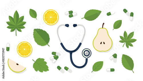 Holistic health concept featuring fresh fruits, green leaves, capsules, and a stethoscope for natural wellness and medical care