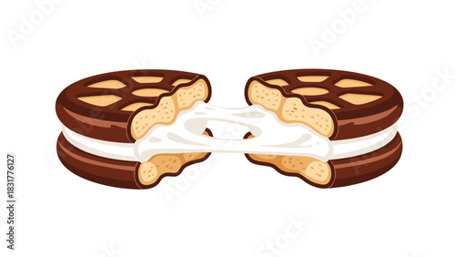 Indulge in sweet nostalgia with a delicious sandwich cookie, creamy filling pulling apart, perfect for dessert lovers everywhere