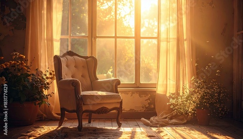 An ornate armchair sits near a window, bathed in warm sunlight. The interior is cozy and inviting, with flowers and curtains.