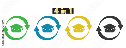 Education Renewal and Continuous Learning Process, Graduation cap icon surrounded by a circular arrow