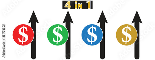 Financial Income Growth with Dollar and Upward Arrow, Four colorful symbols representing increasing wealth