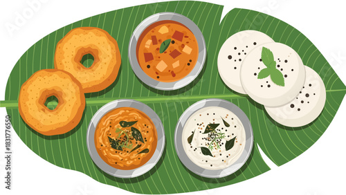 Crispy golden vadas and fluffy idlis rest on a lush banana leaf alongside bowls of aromatic sambar and tempered chutneys in this appetizing South Indian breakfast vector
