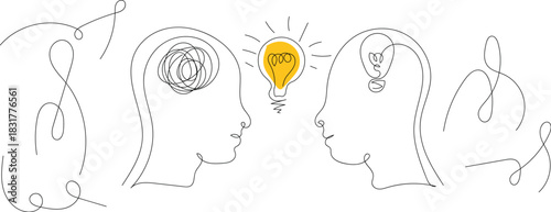 Two Human heads with confused and clean thoughts in one line art style. Human heads contrasting confused and clear thoughts line art. A single line art banner or advertisement depicting two human head