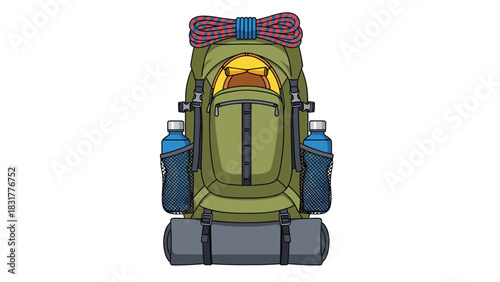 A fully packed hiking backpack complete with tent, rope, water bottles, and sleeping pad for outdoor escapades