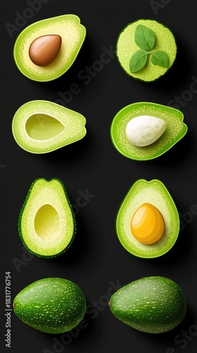 Various avocado halves and whole fruits arranged on a dark background, top-down perspective.