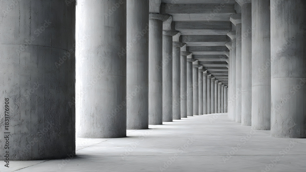 Fototapeta premium A structural column row under grey conditions producing soft depth cues and smooth geometric repetition