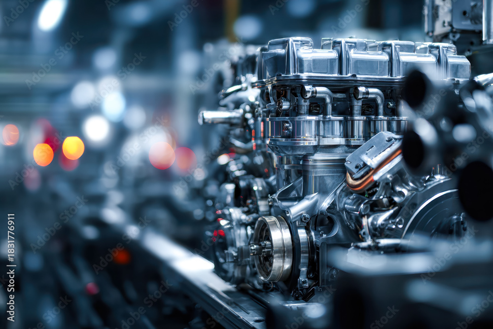 Fototapeta premium Precision-engineered automotive engine in a high-tech manufacturing facility