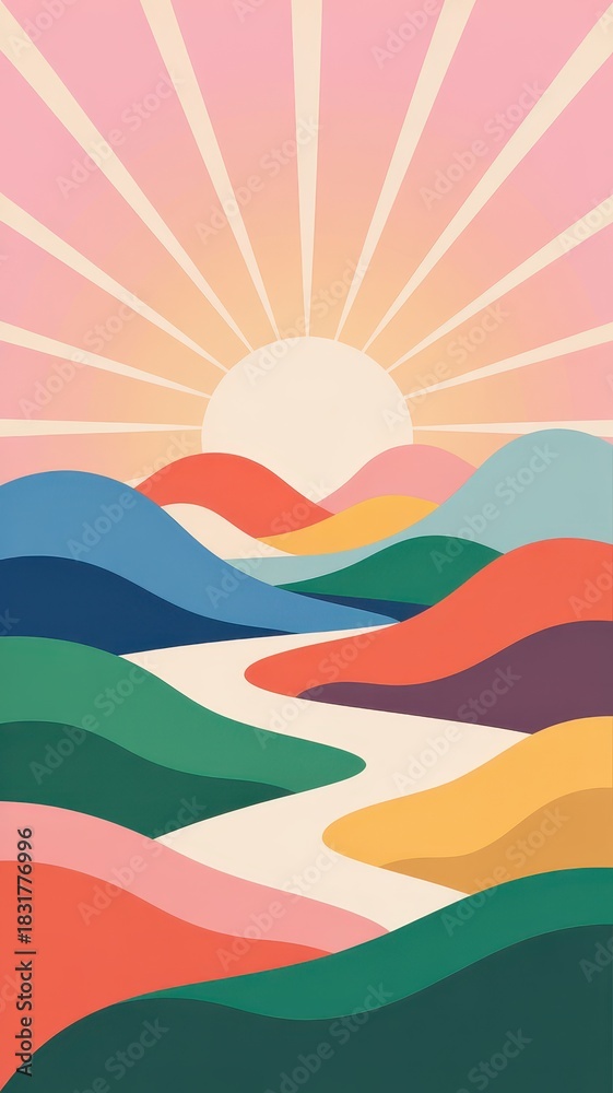 Fototapeta premium Abstract Minimalist Landscape, Sunrise Over Pastel Hills and River