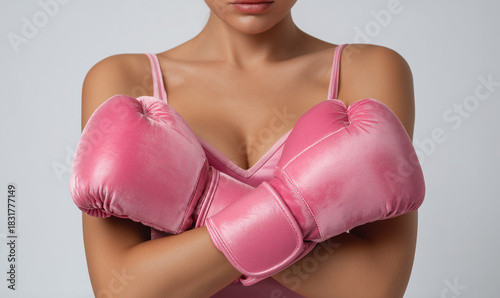 Close-up of a woman in pink boxing gloves crossing her arms showing strength and determination