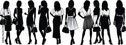 Fashion silhouette set, stylish women poses, black vector, dress and handbag, high heels, clothing diversity, character design, style concept, outfit illustration