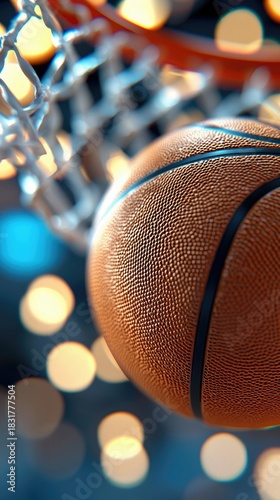 Close-up of a basketball ball near a basketball net with a blurred bokeh background.
