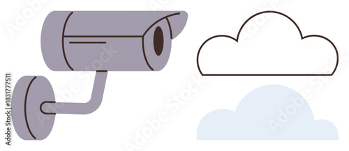 Security camera paired with cloud graphics representing digital data storage, connectivity, remote surveillance, and modern technology. Ideal for security, data, cloud computing, safety, privacy