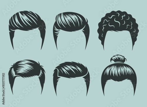Set of six stylish male hairstyles including pompadour top knot curly hair and modern smooth cuts in vector illustration