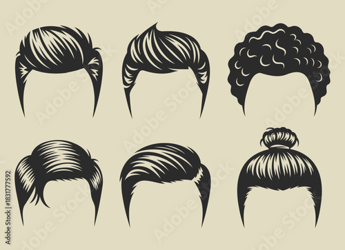 Set of six diverse male hairstyles including slicked back pompadour curly hair and top knot in vintage vector illustration