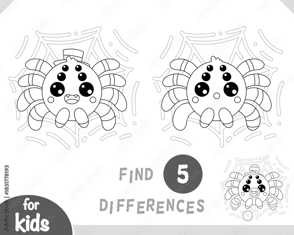 Fototapeta premium Cute little spider sitting on web in a Halloween themed scene. Spot the differences game for preschool and kindergarten children. Black and white activity page about spooky autumn season