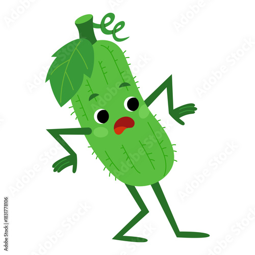 Cute cucumber character is afraid of something. The emotion of fear. Flat illustration of vegetable isolated on white background. Kawaii vector mascot for food or healthy eating projects