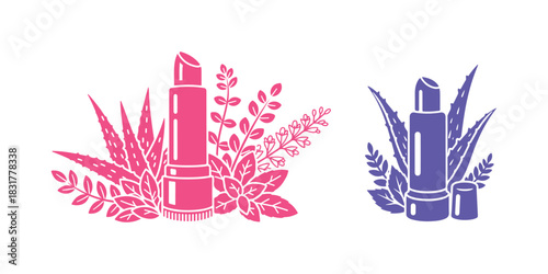 Glyph icon of organic lip balm in multiple colors.  Contains aloe vera extract as an organic cosmetic.  Lip care infused with healing herbs.  A cosmetic product derived from plants.