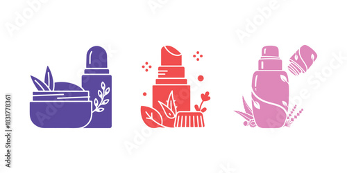 Multicolor glyph icon representing organic lip balm.  This organic cosmetic features aloe vera extract.  Medicinal herbs for effective lip care.  A cosmetic product made from plants.  Isolated vector 