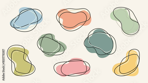 Wallpaper Mural Set of abstract organic shapes with pastel colors and hand-drawn black outlines, arranged on a neutral background. Torontodigital.ca