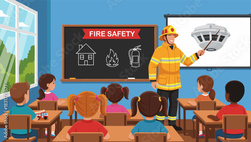 Firefighter educating young students about essential fire safety measures and prevention techniques in a classroom setting
