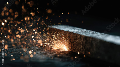 Close-up view of the welding process, capturing the sparks of welding torch