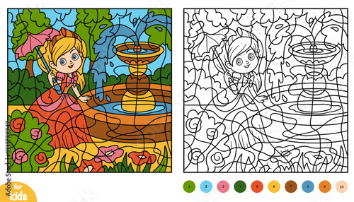 Cute princess with umbrella color by number page for kids. Educational activity game for preschool and kindergarten children to learn numbers and colors. Royal rose garden scene with fountain