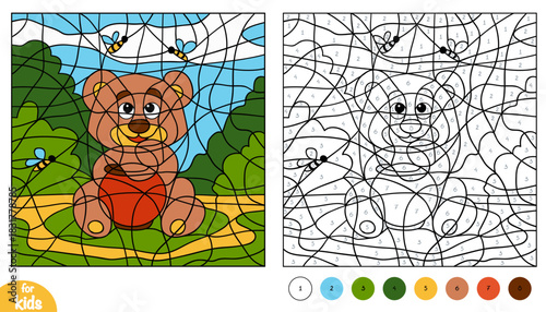 Cute bear with honey and bee on forest background color by number page for kids. Educational activity game for preschool and kindergarten children. Square picture to learn numbers and colors