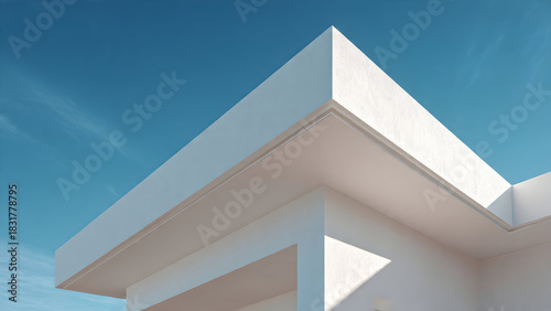 An ultra-clean roofline with a thin shadow border forming perfect linear contrast against smooth white architecture