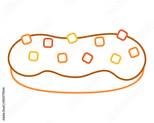 Eclair pastry with bold colorful outline. Flat vector illustration isolated on white background. Fun dessert coloring page for kids books. Easy activity worksheet