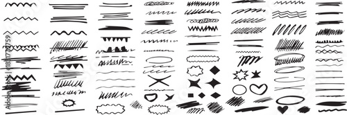 Scribble doodle underline emphasis line shape set. Hand drawn brush stroke elements. Hand drawn line chalk brush stroke arrow icon