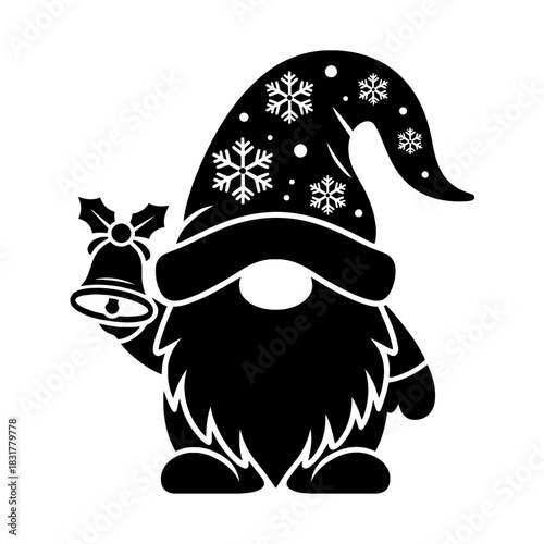 A whimsical gnome holds a small bell adorned with holly.