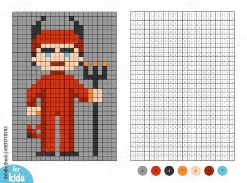Cute devil character with a pitchfork. Pixel color by number page for kids. Educational activity for preschool and kindergarten children to learn numbers and colors. Simple square grid design