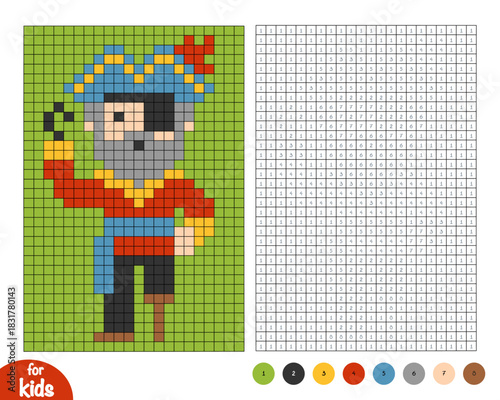 Cute pirate character with hook hand. Pixel color by number page for kids. Educational activity for preschool and kindergarten children to learn numbers and colors. Simple square grid design