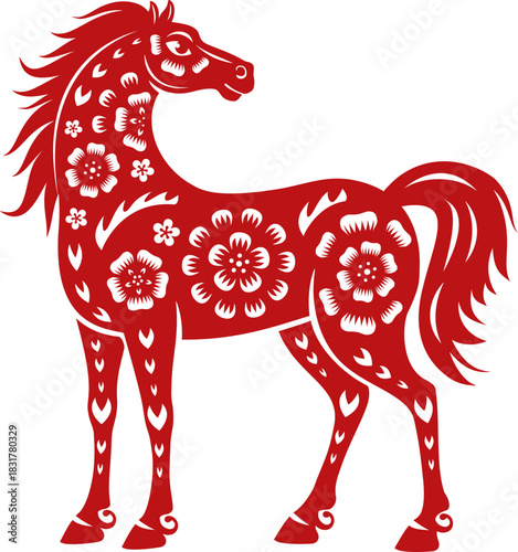 Red horse for Chinese New Year of Asian lunar horoscope, vector symbol of 2026. Horse with paper cut flowers pattern ornament for Chinese New Year holiday and Asian lunar horoscope CNY greeting