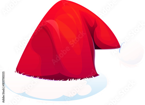 Santa hat or Christmas winter holiday cap with fur pompon, vector cartoon icon. Xmas and New Year red Santa hat with fur pompom for party costume garment and winter holiday greeting