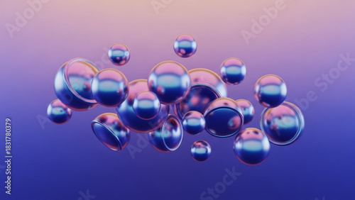 Iridescent spheres floating against a gradient background of purple and peach tones in a cluster