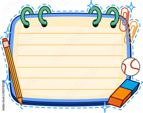School education notebook kids memo note frame. Schedule vector classes supply label, kid education planner memo note. Scrapbook child learning accessory sticker with pencil, eraser and paperclip