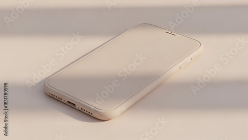 Close up of a modern smartphone with a blank screen on a light surface in a well lit environment