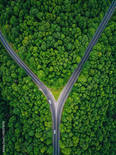 Aerial view of a fork in the road through a lush green forest, asphalt highway splitting in two directions, concept of choice and decision making