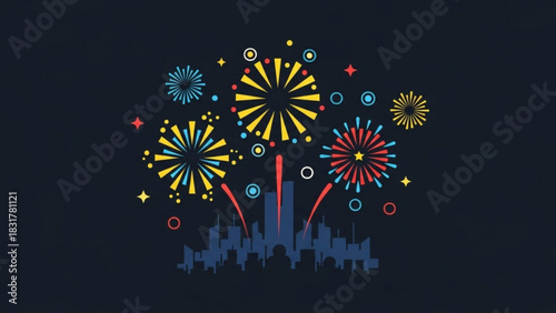 Fireworks display over city skyline vector graphic for new year celebration event background design