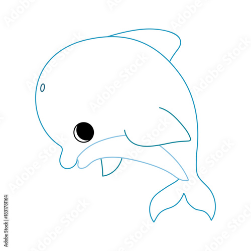 Cute dolphin with bold colorful outline. Flat vector illustration isolated on white background. Fun ocean animal coloring page for kids. Easy activity worksheet for preschool projects