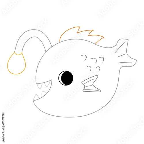 Cute monkfish with bold colorful outline. Flat vector illustration isolated on white background. Fun ocean animal coloring page for kids. Easy activity worksheet for preschool projects
