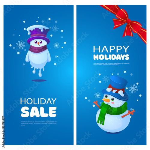 A vector collection of vertical cards with snowmen in a casual style. Festive fairytale posters.