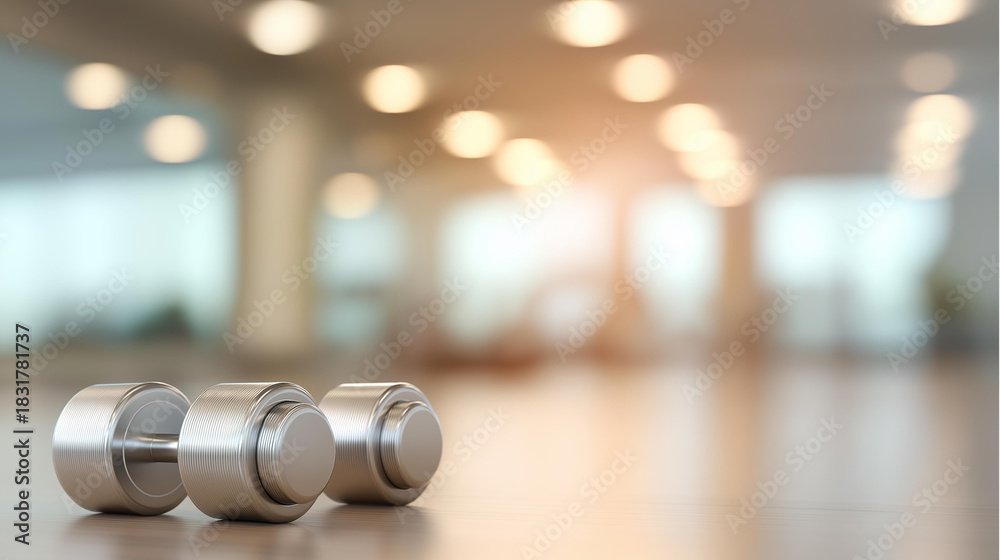 Naklejka premium Blurred fitness gym environment metallic defocused workout equipment, faceless barbells mats, cool lighting visualization detail, blurred neutral background, motivation concept, ac