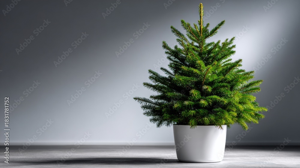Fototapeta premium Minimalist Christmas tree in a white pot with a smooth gradient background and ample copy space. Ideal for holiday marketing and modern decor concepts.