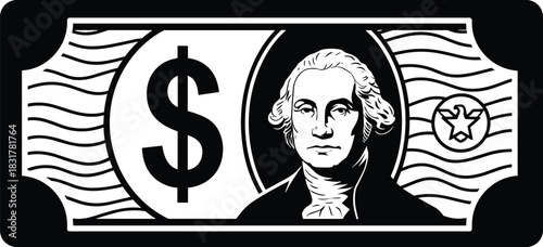 Stylized currency note illustration, dollar sign and portrait, green money design, financial symbol, banking theme, economic concept, vector graphic