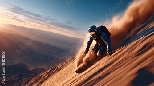 A sandboarding athlete descends a vast sand dune under golden sunlight, capturing the thrill and energy of extreme sports.