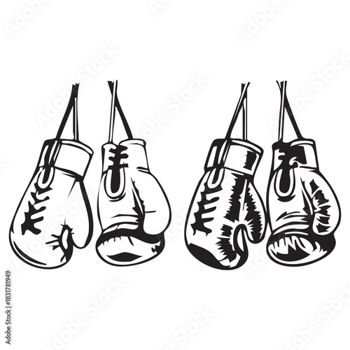Boxing gloves vector illustration in black and white sketch style showing sports gear, training equipment and athletic theme