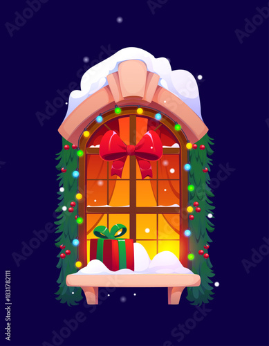 Cartoon Christmas window with snow, red bow, garlands, evergreen branches and gift box on the sill. Vector cozy seasonal home scene. Warm glowing interior and exterior with festive xmas decoration