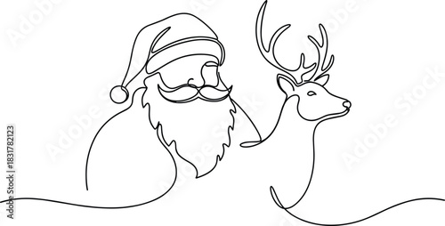 Abstract One Line Reindeer and Santa Silhouette.